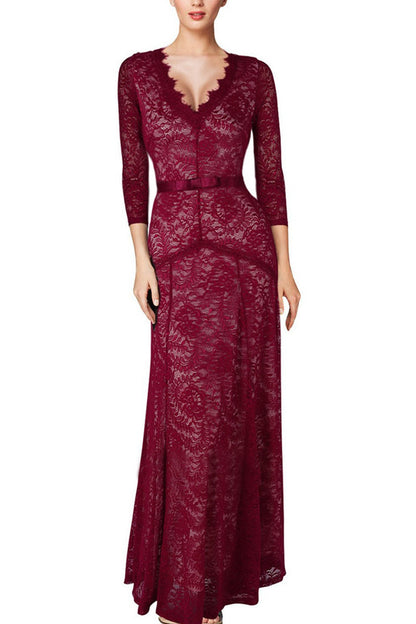 Deep V Neck Lace Applique 2/3 Sleeve Slim Dress