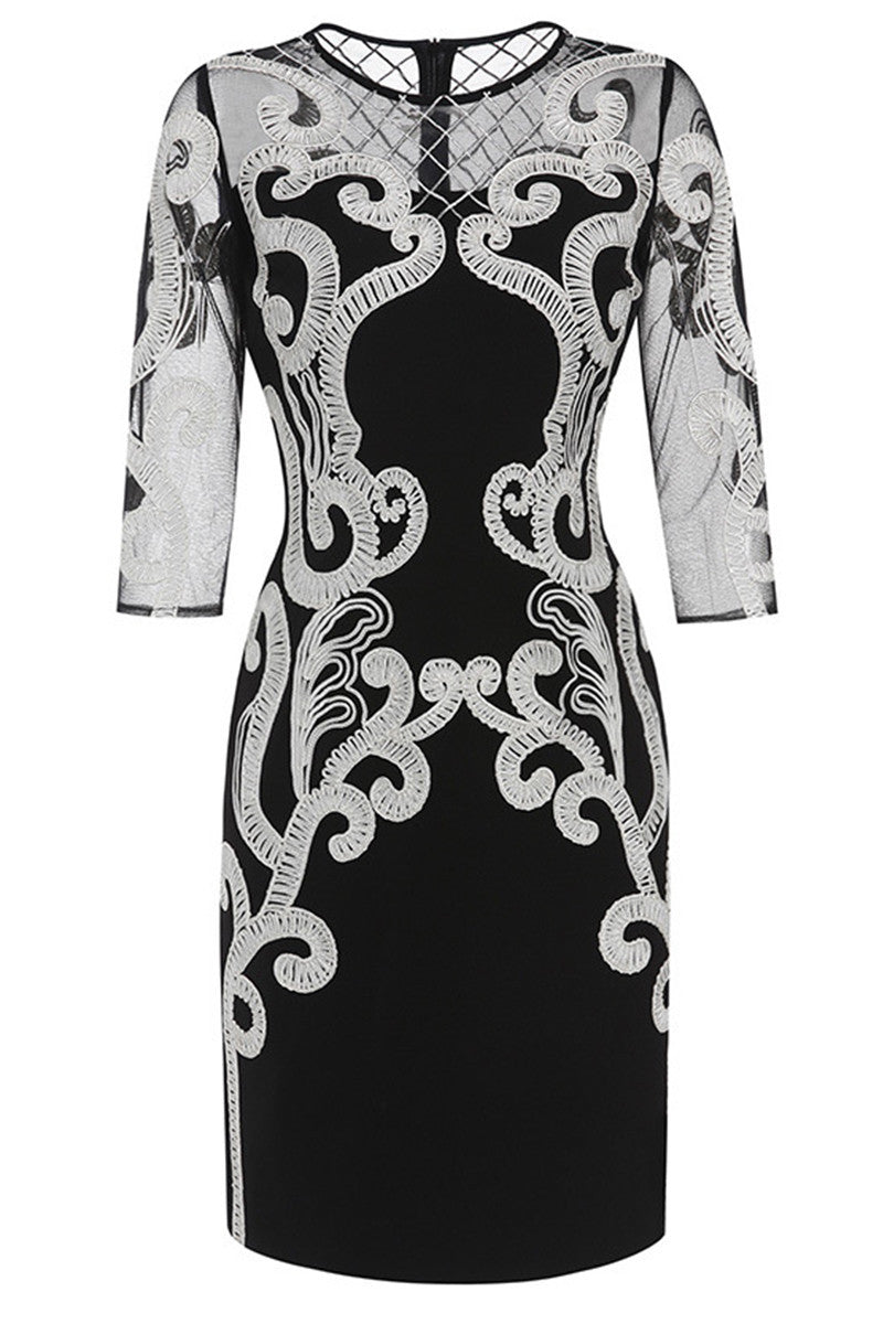 Round Collar Sheer Mesh 3/4Sleeve Embroidery Dress