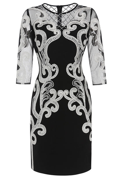 Round Collar Sheer Mesh 3/4Sleeve Embroidery Dress