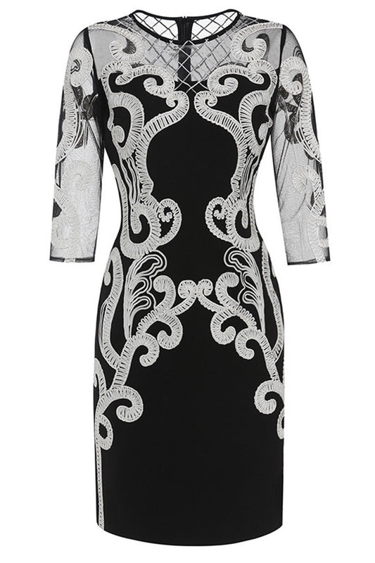 Round Collar Sheer Mesh 3/4Sleeve Embroidery Dress