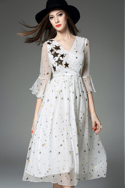 Deep-V Ruffle Sleeve Star Pattern Dress