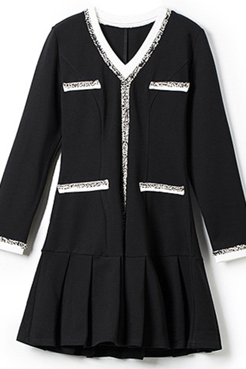 FORMAL V NECK BEADED PLEATED A-LINE SHORT DRESS