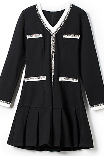 FORMAL V NECK BEADED PLEATED A-LINE SHORT DRESS