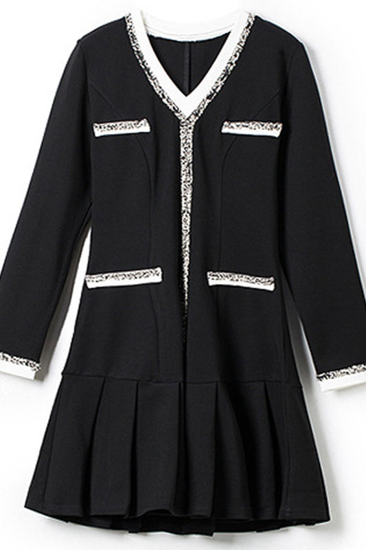 FORMAL V NECK BEADED PLEATED A-LINE SHORT DRESS