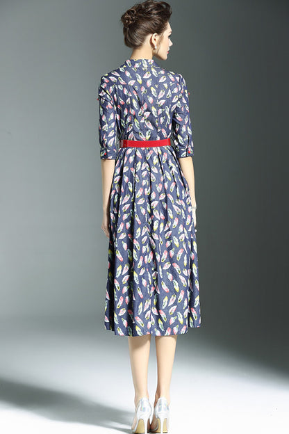 Lapel Slim Plum Printed Midi Casual Dress