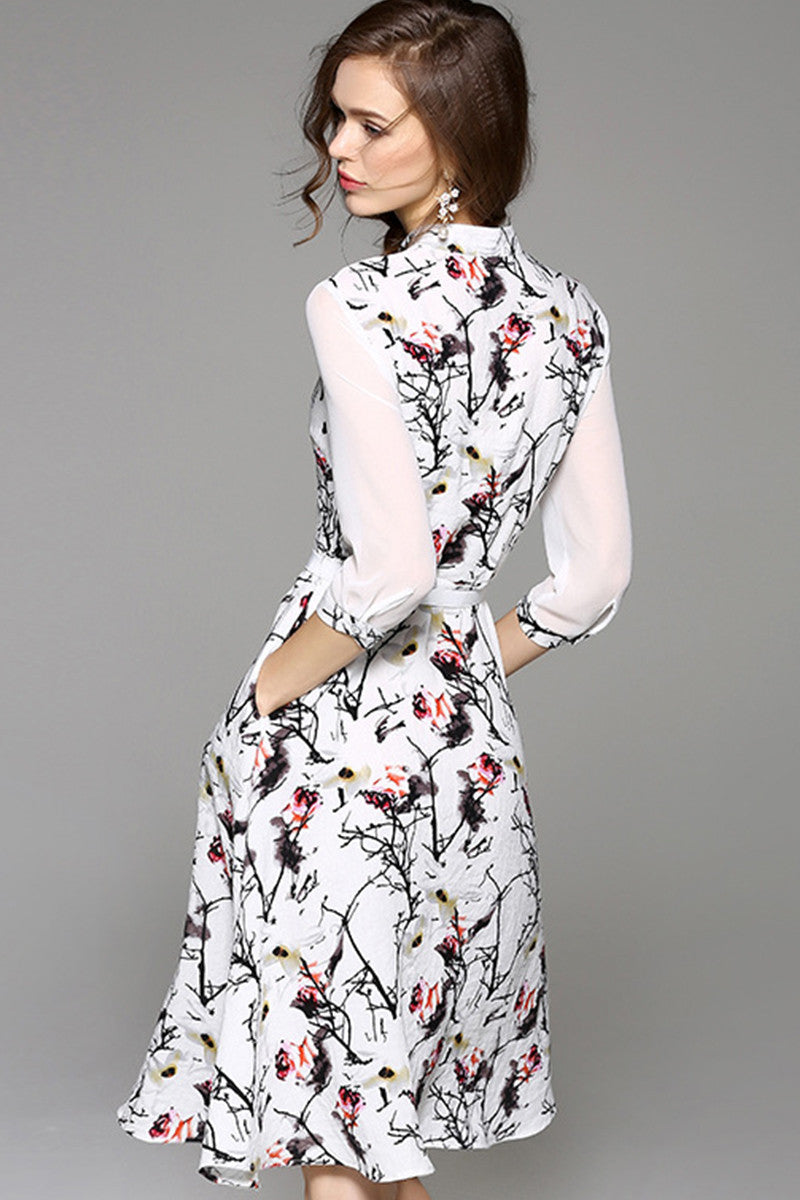Elegant Half Sleeve Rose Wash Printed Midi Wear To Work Dress