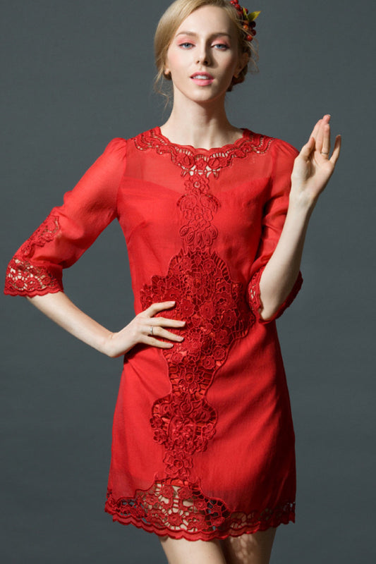 Scarlet 3/4-Sleeve Embroidered Shift Cocktail Dress