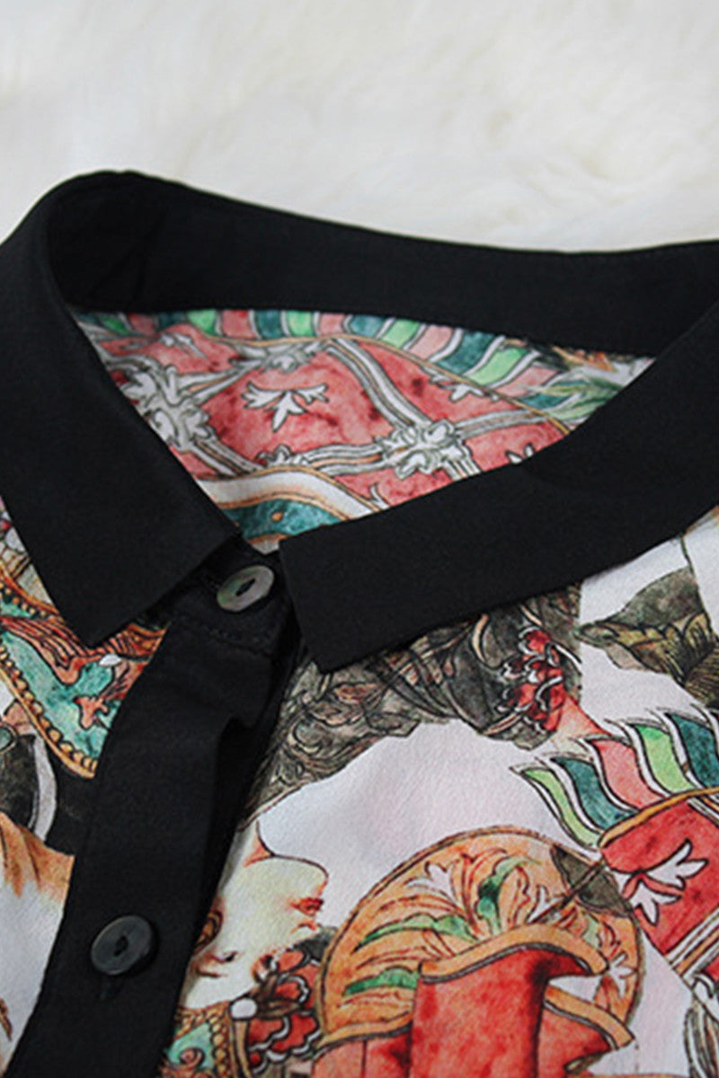 Lapel Neck Color Block Character Print Blouse