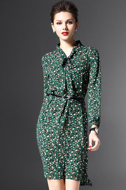 Bowknot Lacing  Stand  Collar Floral Pattern Short Front Long  Back  Hi-Low Dress With Belt