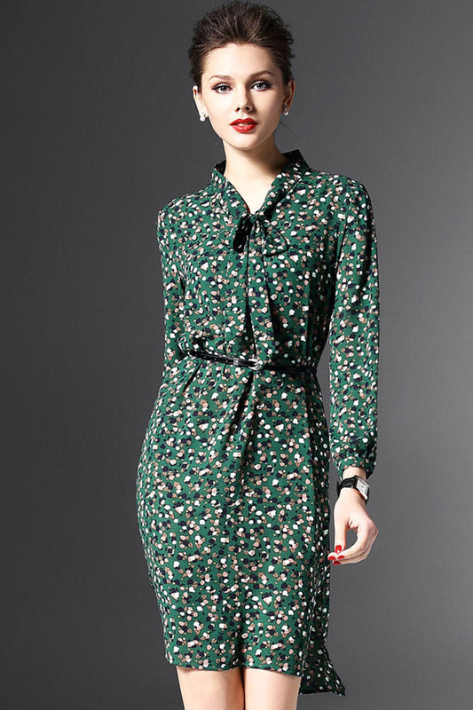 Bowknot Lacing  Stand  Collar Floral Pattern Short Front Long  Back  Hi-Low Dress With Belt