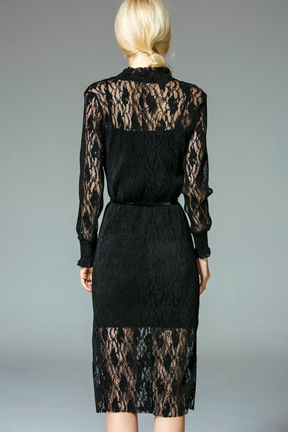 WOMEN'S ELEGANT LONG SLEEVE LACE STAND COLLAR MIDI DRESS WITH BELT