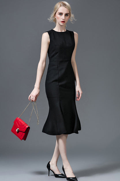 Classical  Black Cocktail Midi Fishtail Dress