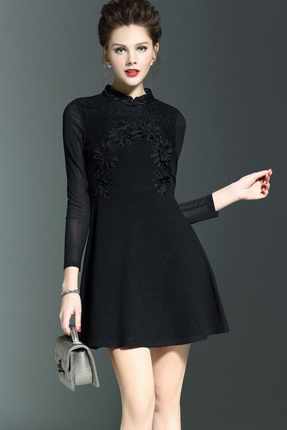 Stand Collar Sheer Mesh Sleeve Lace Flowers Tunic Dress