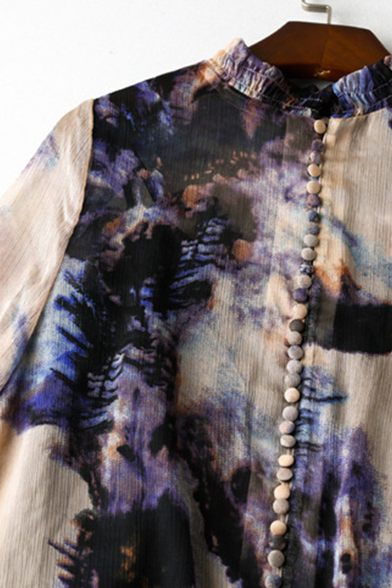 Stand Collar Puff Pattern Print  Sleeve Loose  Dress