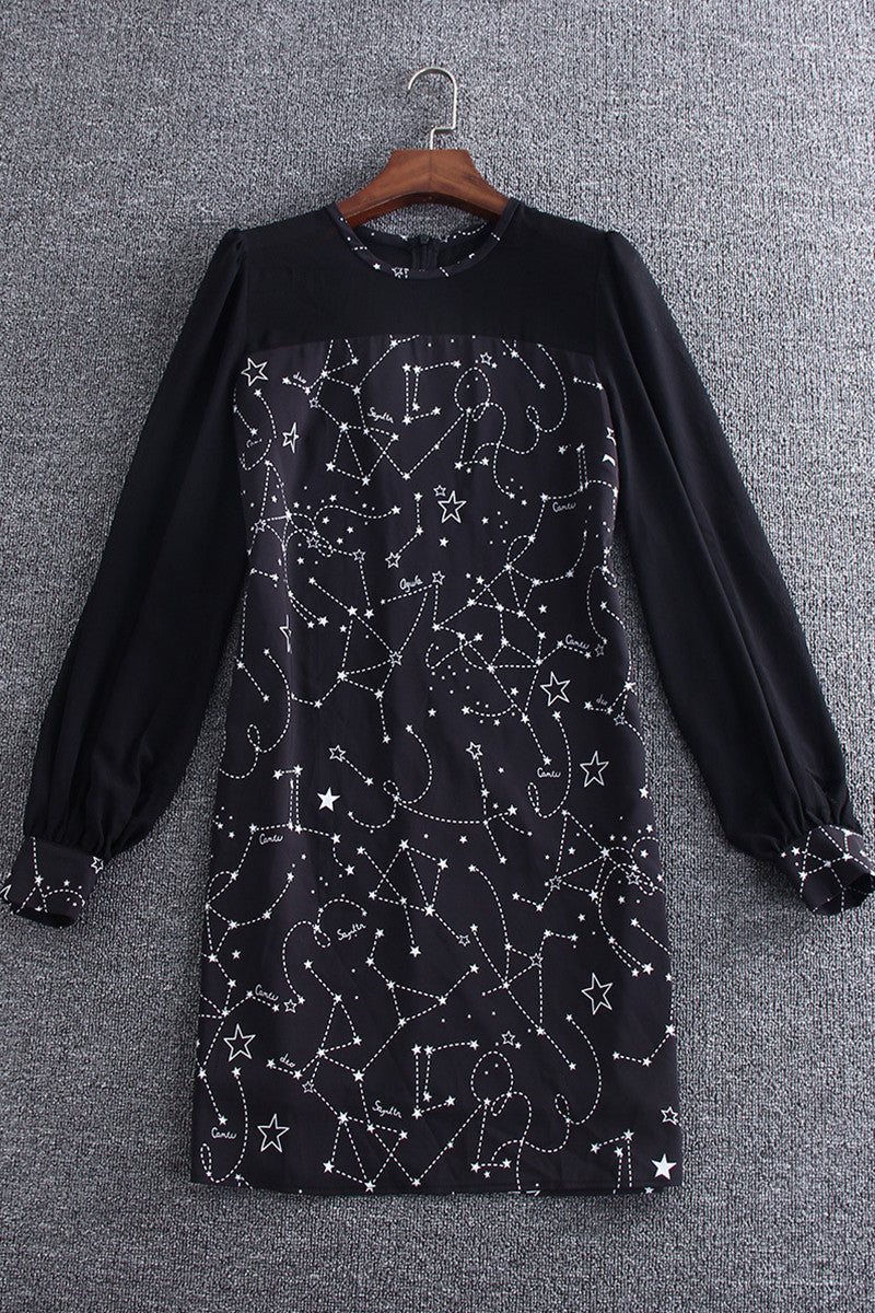 Round Neck Puff Sleeve Star Printting Midi Dress - NJOYDRESS - 1