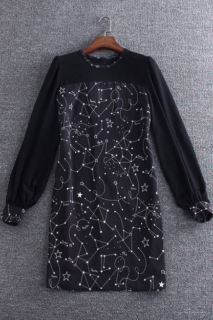 Round Neck Puff Sleeve Star Printting Midi Dress - NJOYDRESS - 1