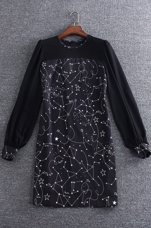 Round Neck Puff Sleeve Star Printting Midi Dress - NJOYDRESS - 1