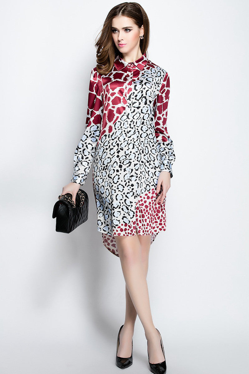 Lapel Neck Mullti Color Leopard Pattern Shirt Dress