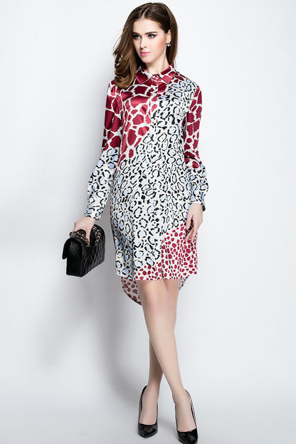 Lapel Neck Mullti Color Leopard Pattern Shirt Dress