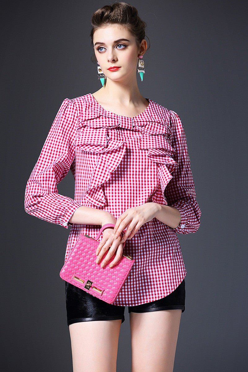 Grid Ruffle Neck Blouse