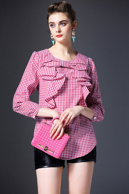 Grid Ruffle Neck Blouse