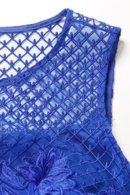 Round Collar Sheer Mesh Grid Floral Lace Slim Dress