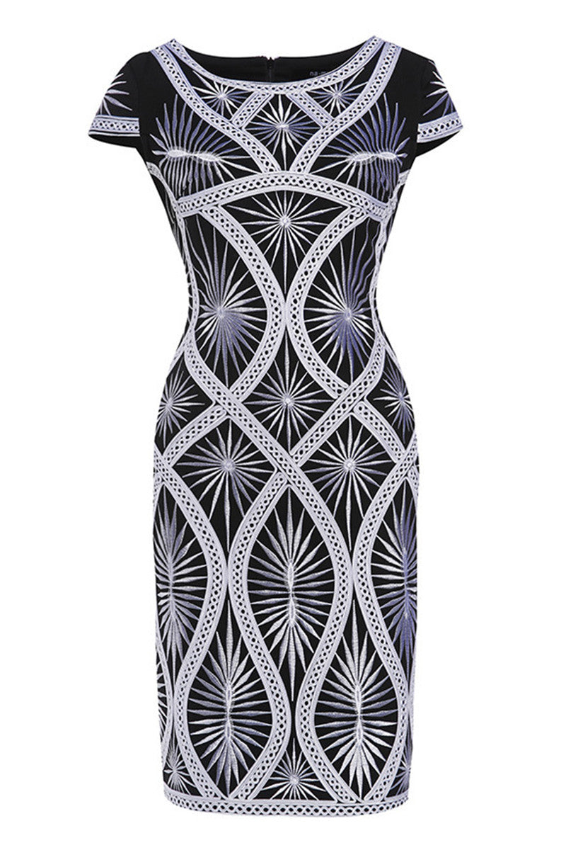 Round Collar Geometric Embroidered Cap Sleeve Slim Dress