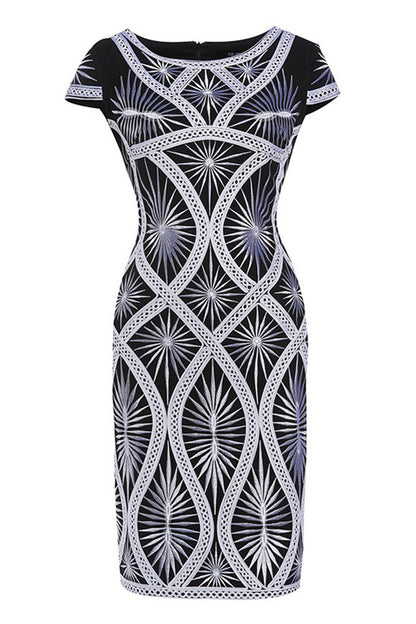 Round Collar Geometric Embroidered Cap Sleeve Slim Dress