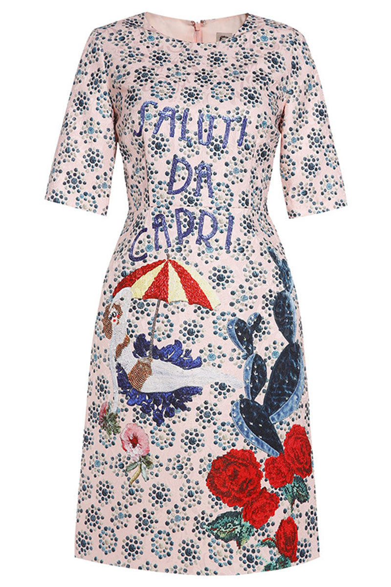 Round Collar High Waist  Vintage  Jacquard  Dress