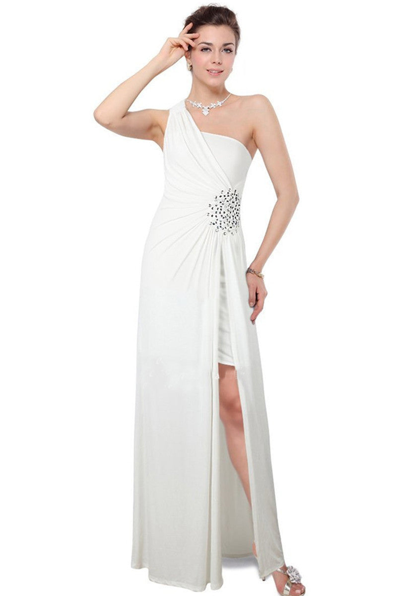One Shoulder Rhinestone Beaded Side Slit Backless Formal Grown Dress