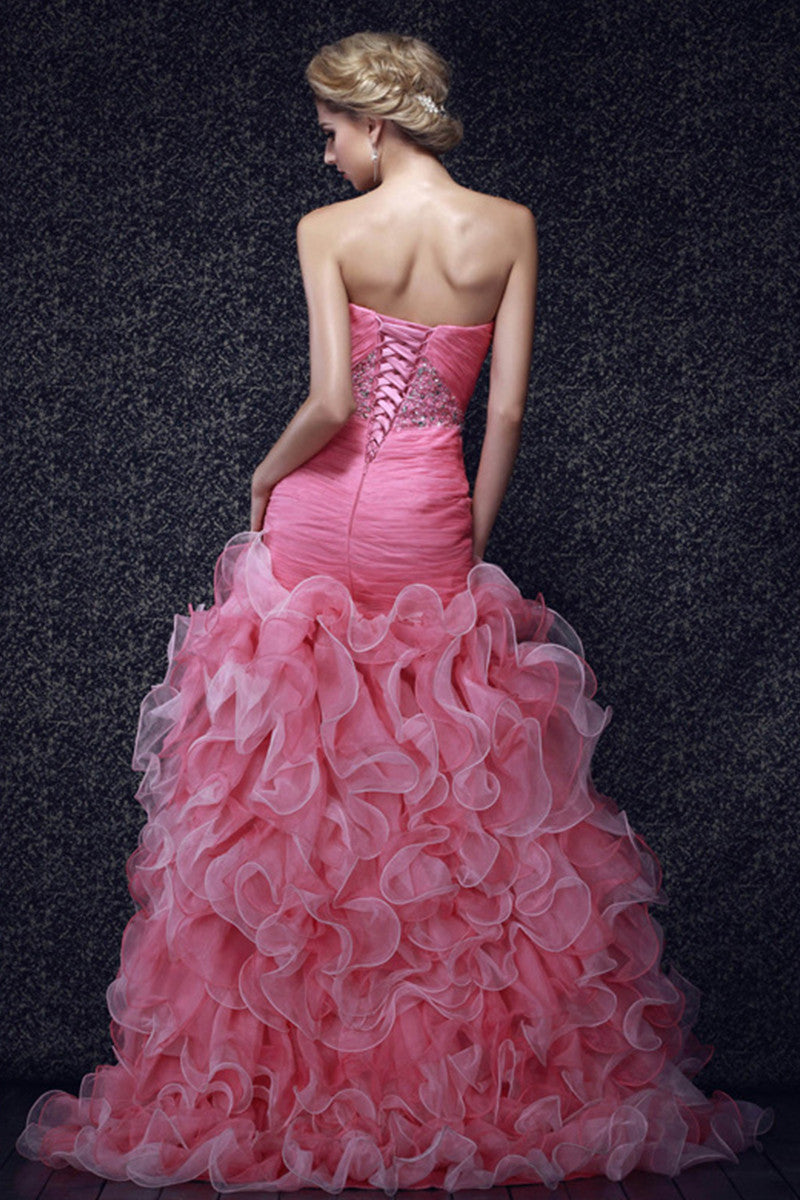 Strapless Organza Pleated Lace-up Prom Party Dress