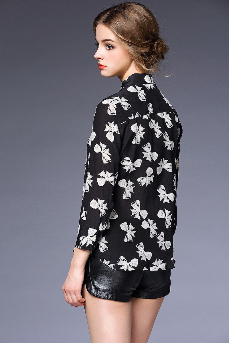 Roll Collar Bowknot Print Top - NJOYDRESS - 2