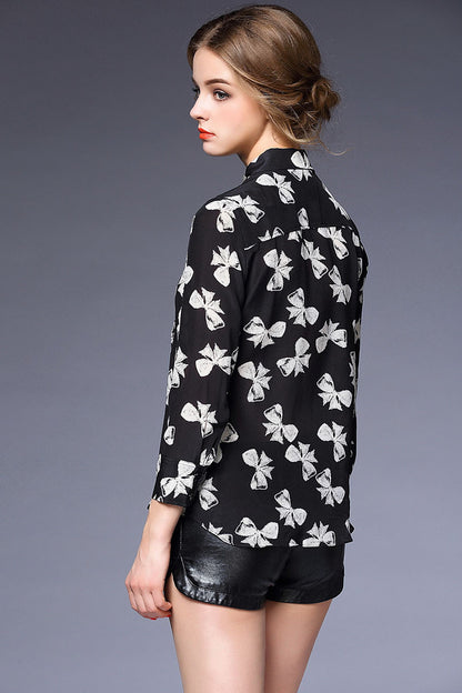 Roll Collar Bowknot Print Top - NJOYDRESS - 2