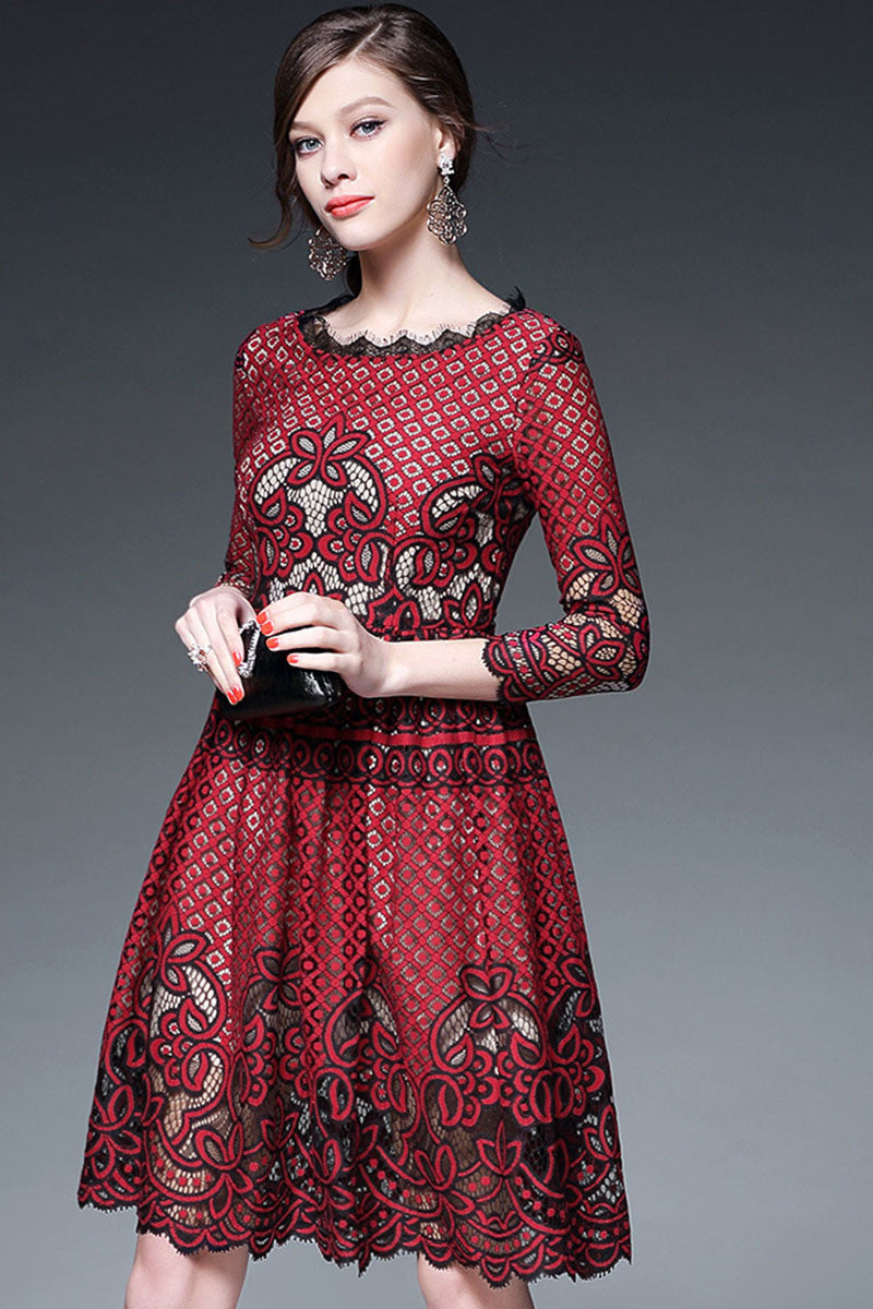Lace Round Collar Cutout Pattern A-line Dress - NJOYDRESS - 2