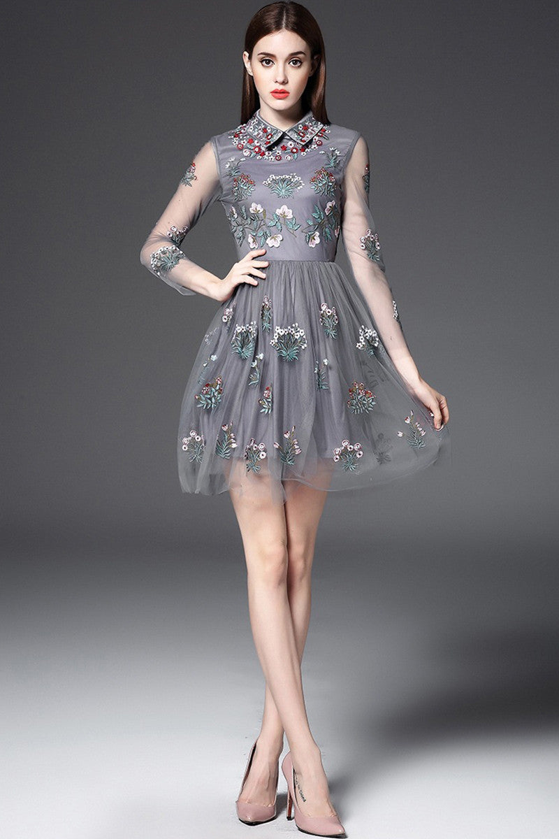 Lapel Neck Embroidered Flowers Sheer Mesh Dress