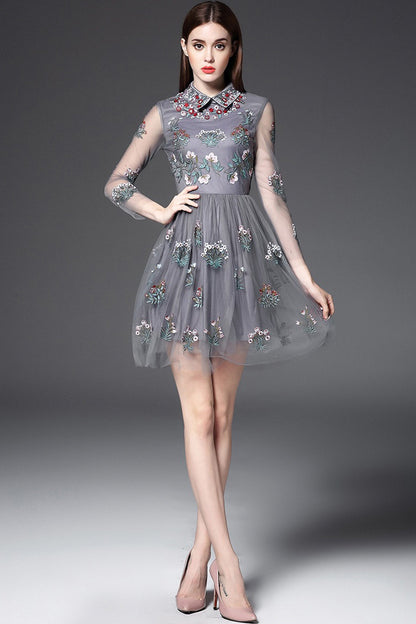 Lapel Neck Embroidered Flowers Sheer Mesh Dress