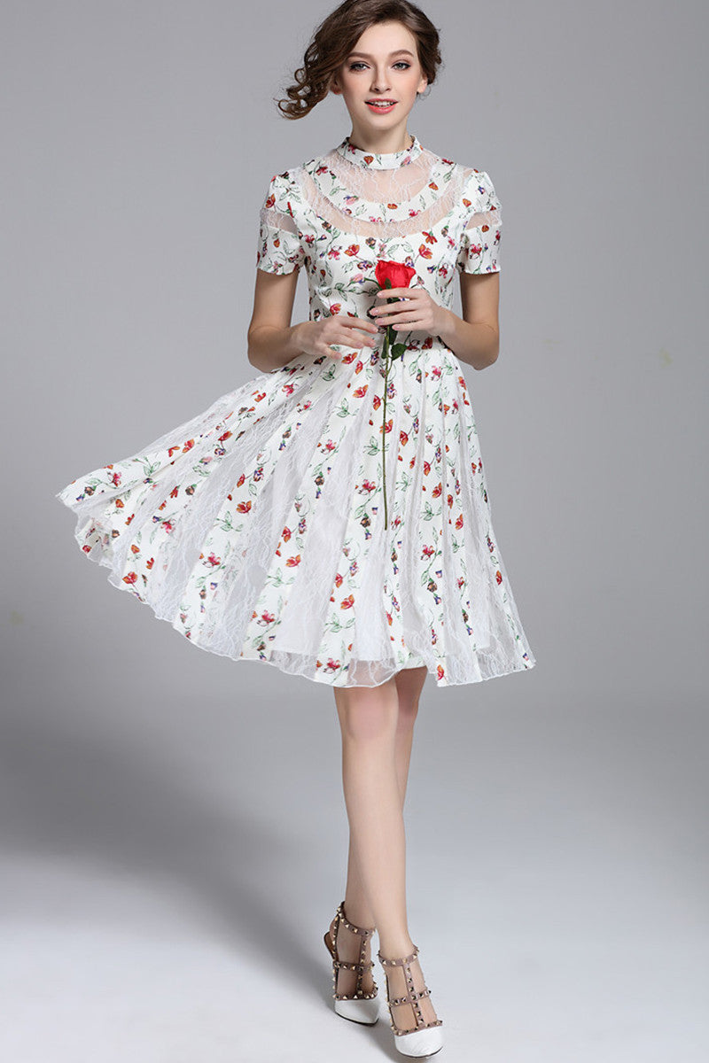 WOMEN'S ELEGANT COCKTAIL PARTY LACE SHORT SLEEVE MIDI DRESS