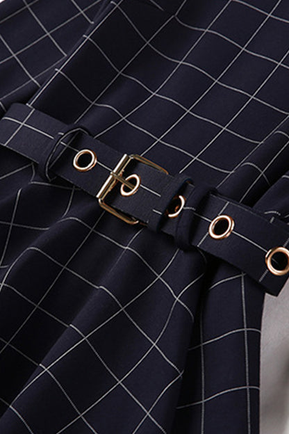 V Neck Shirring Waist Plaid Flare Dress With Belt