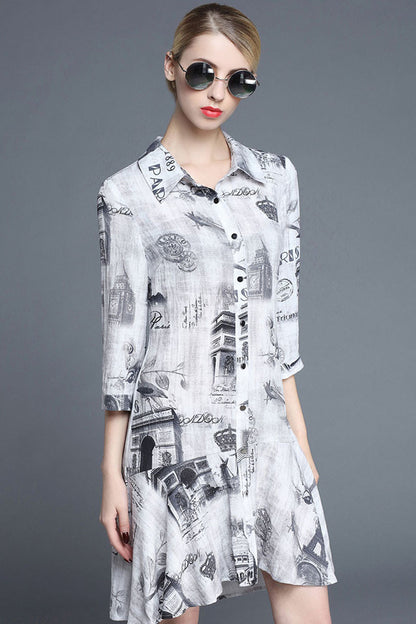 Cotton Linen Pattern Print 3/4Sleeve Irregular Mini Dress - NJOYDRESS - 1