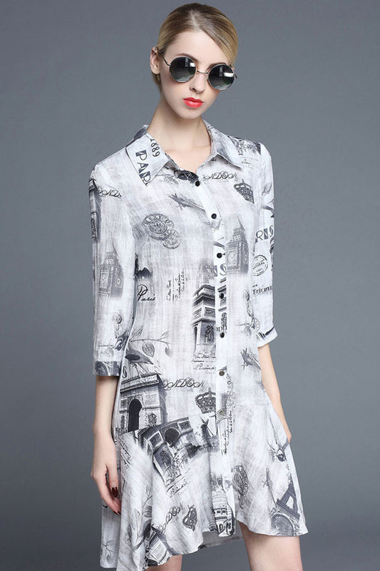 Cotton Linen Pattern Print 3/4Sleeve Irregular Mini Dress - NJOYDRESS - 1