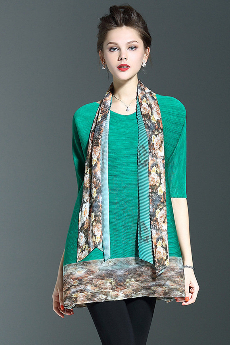 Scoop Neck Abstract Print Fold Loose Dress With Neckerchief