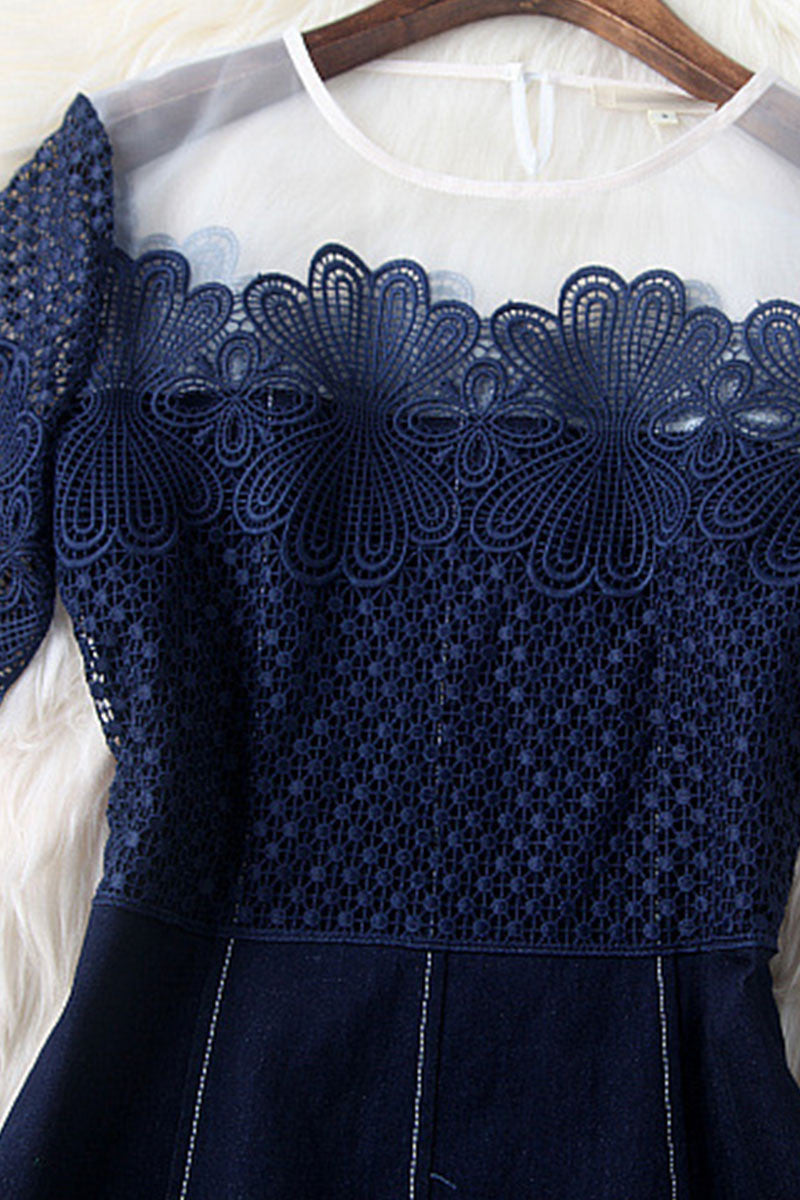 SLIM ROUND NECK JEAN SPLICE LACE SHORT SLEEVE HOLLOW OUT COCKTAIL DRESS