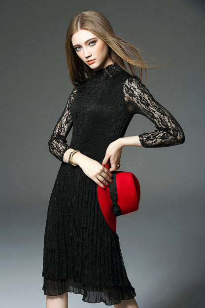 Lace Neck See Throgh Sleeve Pleated Midi Dress - NJOYDRESS - 2