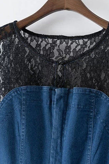 [50% OFF TILL 7 APR] Round Collar Sheer Lace Top Denim Mermaid Fishtail Wrap Dress