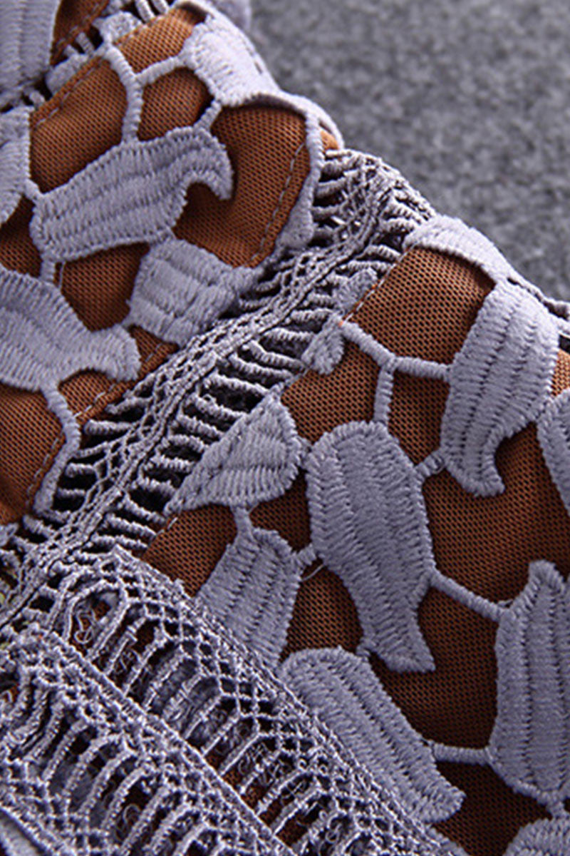 V Neck Lace Hollow-Out Flare A-Line Dress
