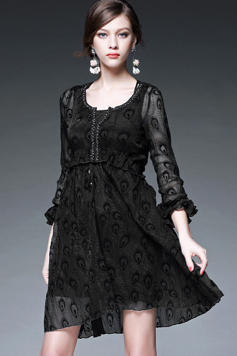 Round Beaded Collar  Sheer Ruffle  Sleeve Swing Dress - NJOYDRESS - 4