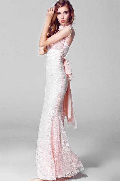 Multi Pearl Lace Back Long Finshtail Maxi Party Dress