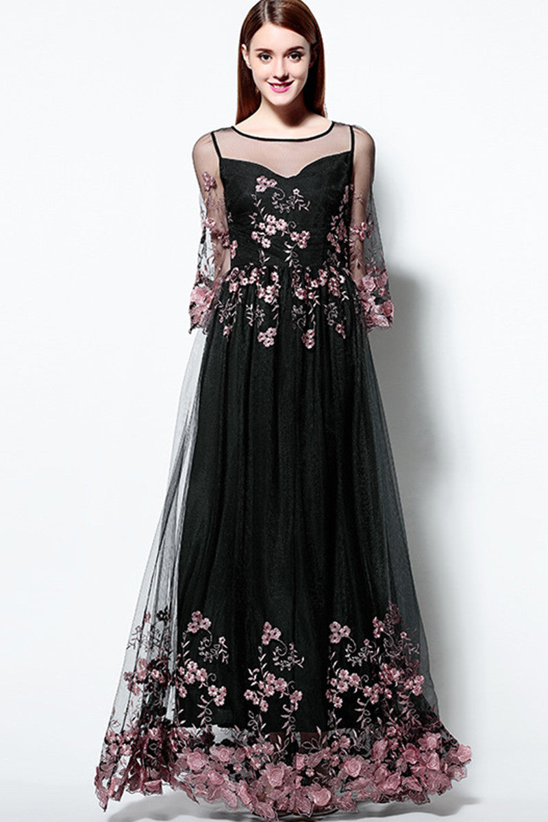 Embroidered With Rosette Illusion Long Cocktail Dress