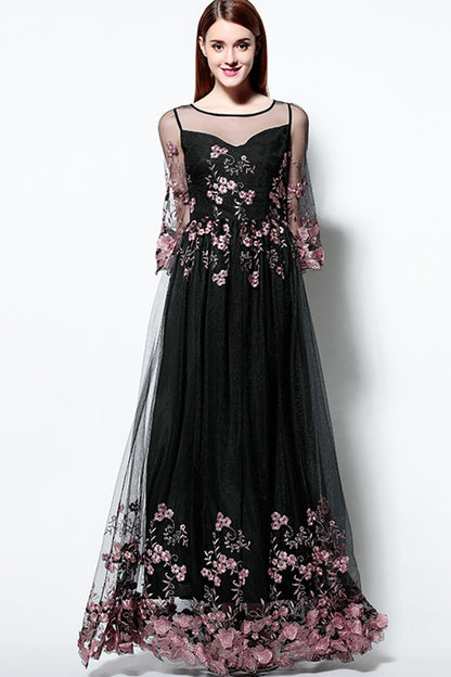 Embroidered With Rosette Illusion Long Cocktail Dress