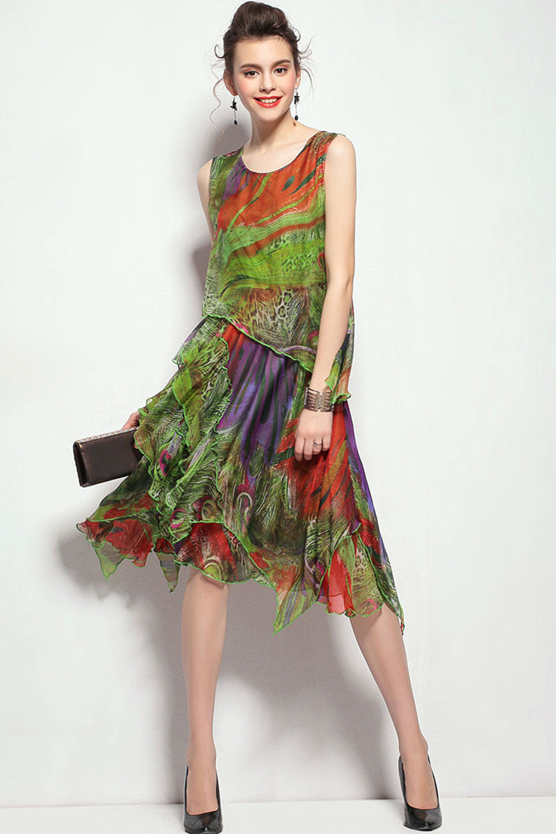 Round Collar Colorful Printed Chiffon Flare Dress